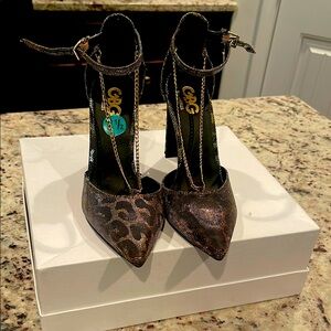 GBG Los Angeles Leopard Print Heels with Gold Accents